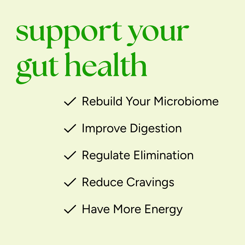 Celery Juice Pack graphic promoting gut health benefits with check-marks: rebuild microbiome, improve digestion, regulate elimination, reduce cravings, increase energy.