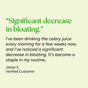 Customer testimonial for Celery Solution highlighting reduced bloating and improved gut health, attributed to Jessie S., a verified customer.