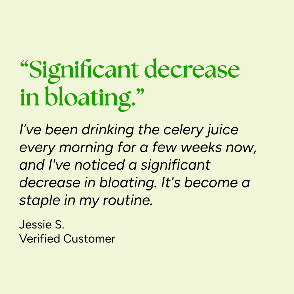 Customer testimonial highlighting reduced bloating from daily Celery Juice Pack, praised by Jessie S., a verified customer, emphasizing gut health and detox benefits.