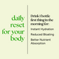 Celery Juice Pack graphic: Daily reset for your body with benefits like hydration, reduced bloating, and better nutrient absorption highlighted, promoting daily morning consumption.