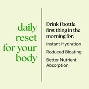 Celery Solution promotional graphic highlights daily benefits: instant hydration, reduced bloating, and better nutrient absorption with morning celery juice.