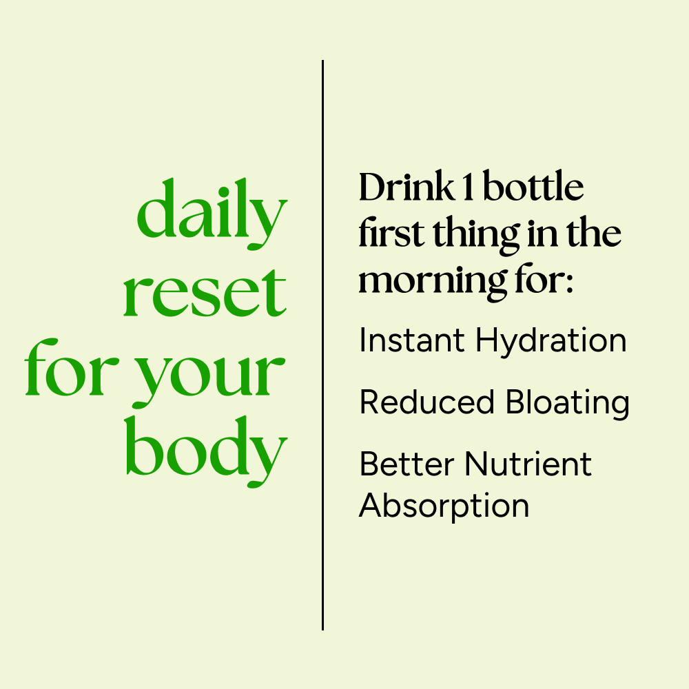 Celery Juice Pack graphic: Daily reset for your body with benefits like hydration, reduced bloating, and better nutrient absorption highlighted, promoting daily morning consumption.