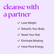 Cleanse for 2 promotional graphic highlighting benefits like weight loss, detox, and increased energy. Encourages a shared cleansing experience for better results.