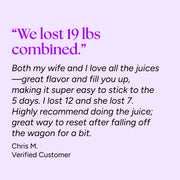 Customer testimonial highlighting the Cleanse for 2 product benefits, featuring successful shared weight loss and positive experience, emphasizing detox, energy boost, and diet reset.