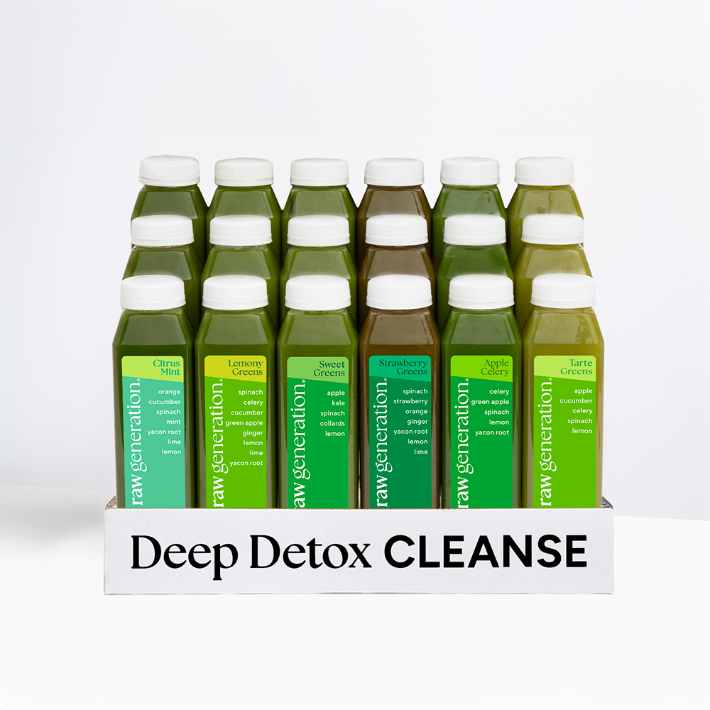 Deep Detox Cleanse kit with 15 green juice bottles, featuring varieties like Citrus Mint, Lemony Greens, and more, promoting detoxification and improved health.