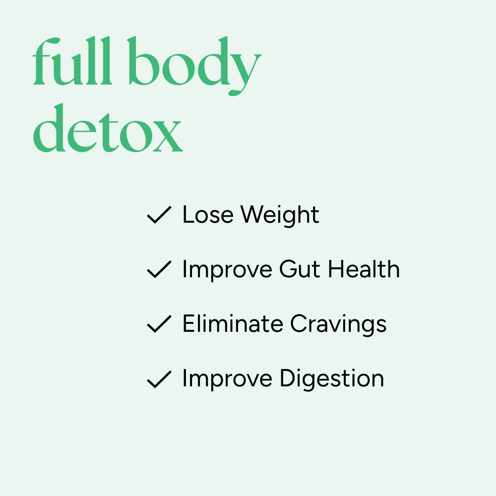 Deep Detox Cleanse promotional graphic highlighting benefits: Lose weight, improve gut health, eliminate cravings, enhance digestion with nature’s detoxifier, chlorophyll.