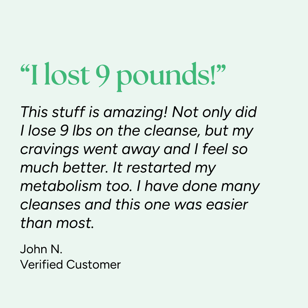 Testimonial image featuring John N.'s praise for Deep Detox Cleanse, highlighting 9-pound weight loss, reduced cravings, improved metabolism, and overall well-being benefits.