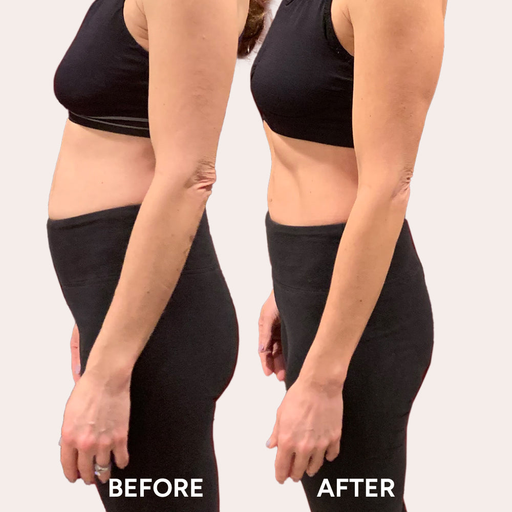 Side-by-side profiles show BEFORE and AFTER results with a flatter stomach, highlighting the effectiveness of Deep Detox Cleanse in improving body tone.