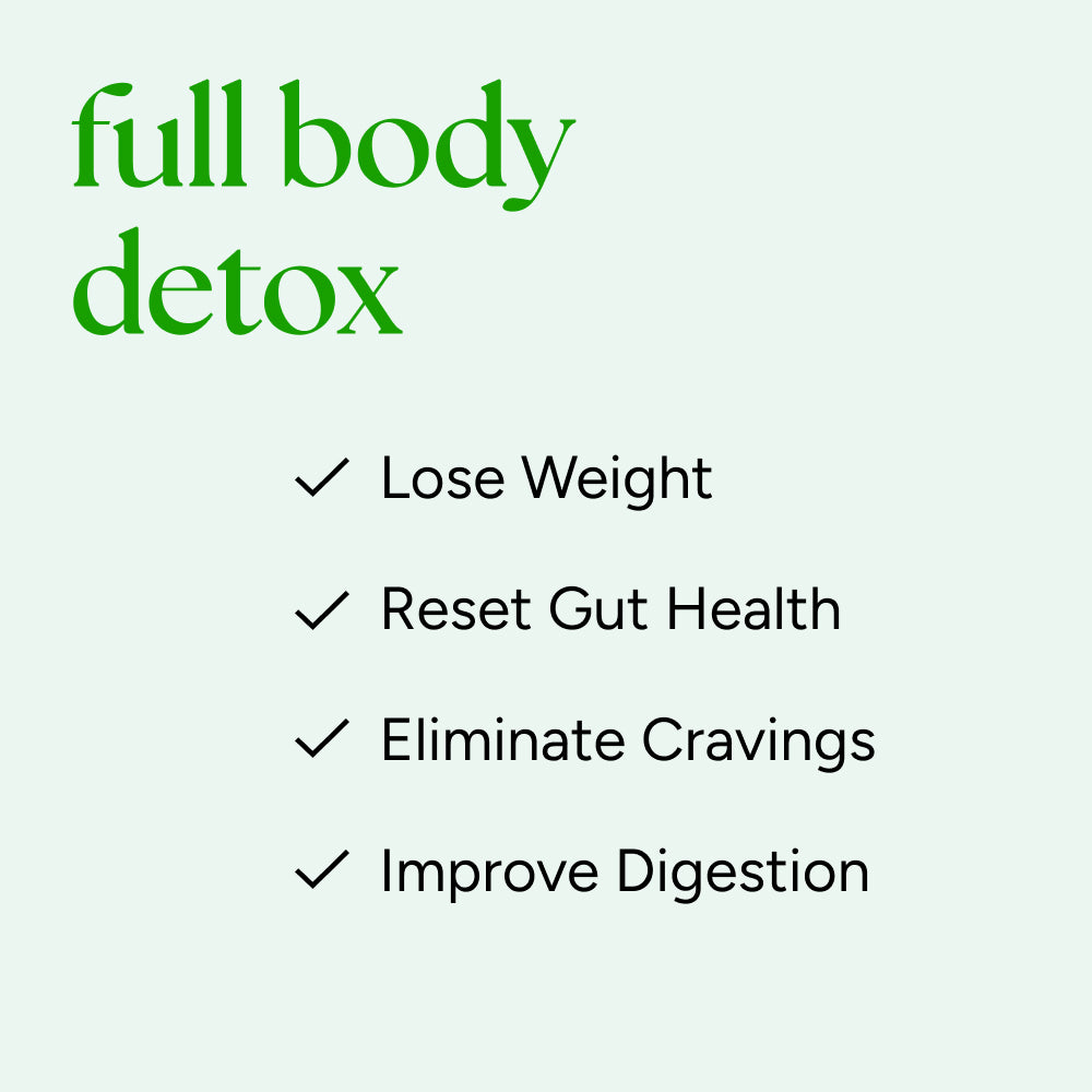 Detox Method graphic highlighting benefits: full body detox with check-marks listing Lose Weight, Reset Gut Health, Eliminate Cravings, Improve Digestion.