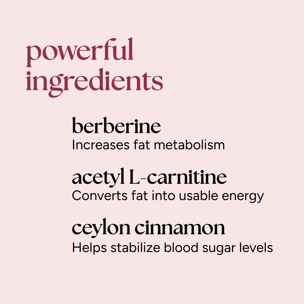 Metabolism Boost Capsules graphic highlighting berberine, acetyl L-carnitine, and Ceylon cinnamon benefits for enhancing fat metabolism, energy conversion, and stabilizing blood sugar.