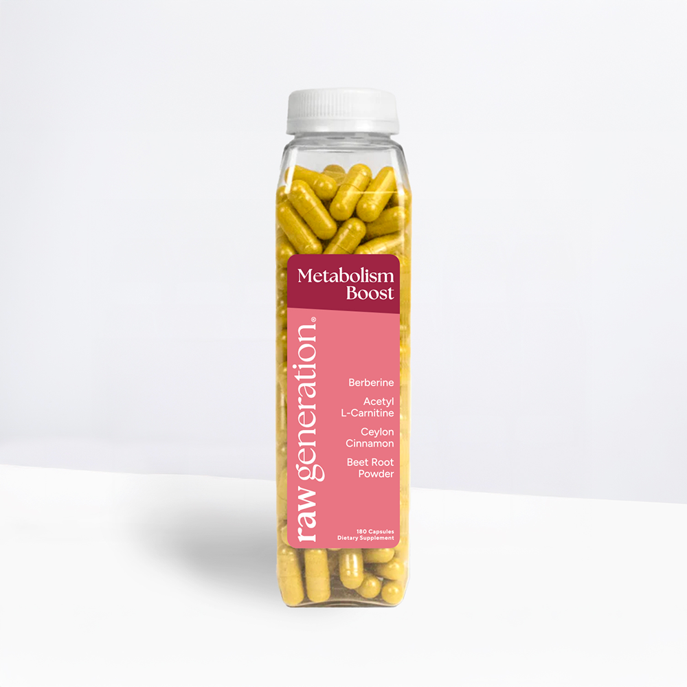 Metabolism Boost Capsules by raw generation®: Clear bottle with 180 vegan capsules, featuring berberine, L-carnitine, and Ceylon cinnamon for enhancing metabolism and weight loss.