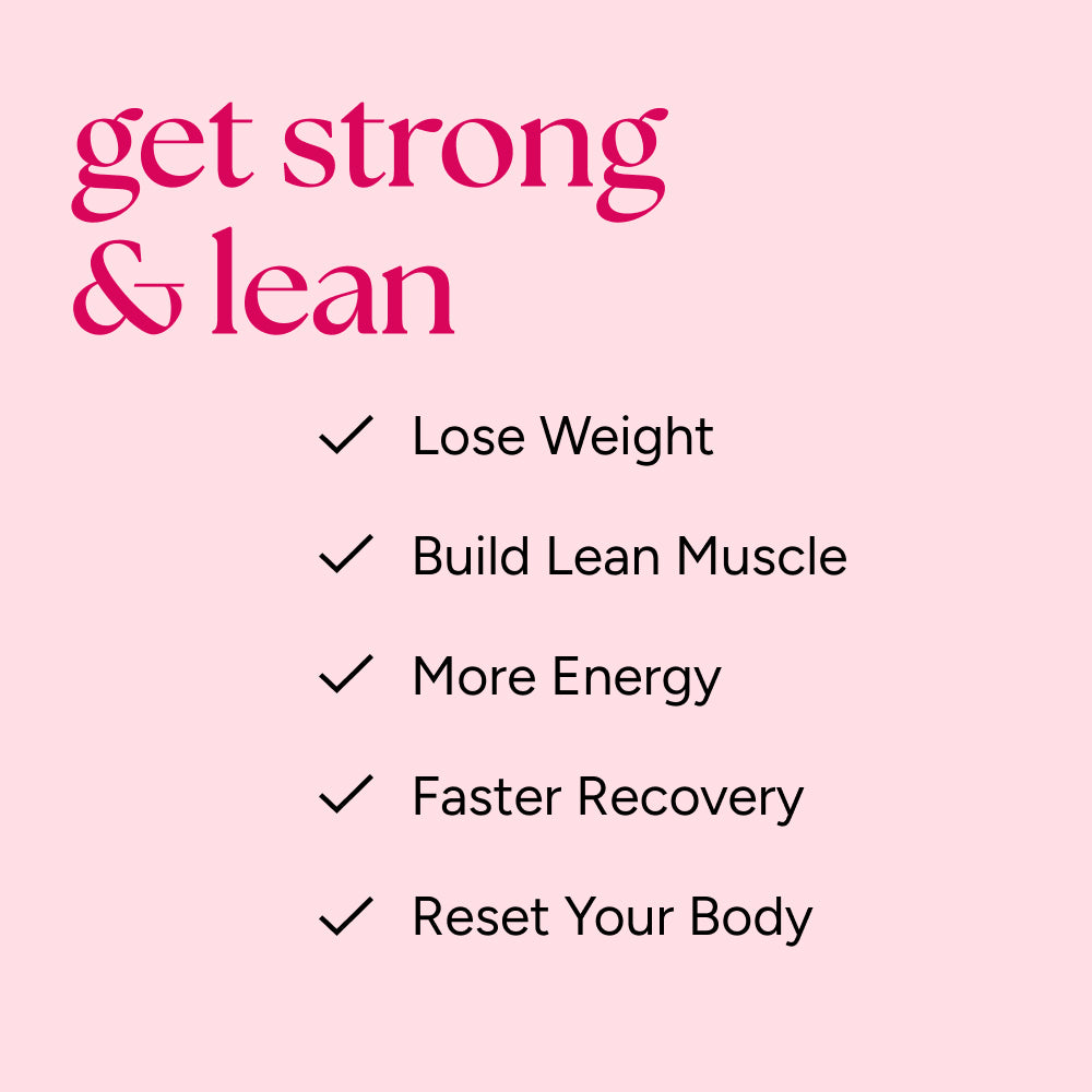 Graphic lists fitness goals with Protein Cleanse: lose weight, build lean muscle, gain energy, recover faster, reset body for optimal health.