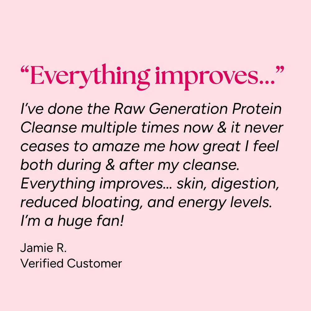 Testimonial graphic for Protein Cleanse: Everything improves… skin, digestion, energy, by Jamie R., praising its benefits for weight loss and muscle tone.