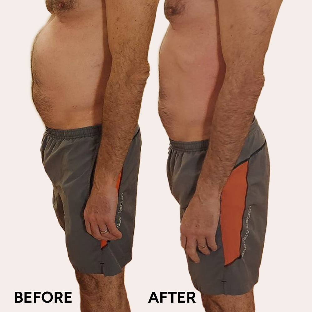 Before and after profile of a man showing noticeable midsection improvement, highlighting the effectiveness of the Protein Cleanse in achieving a leaner physique.