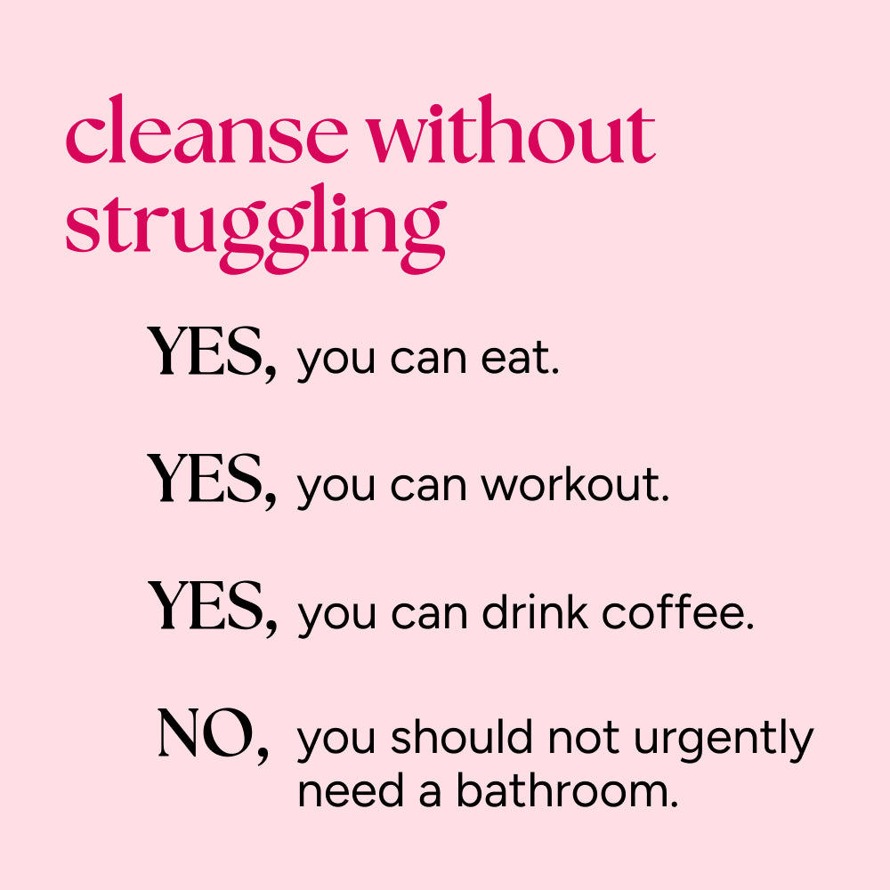 Protein Cleanse graphic with Q&A highlighting its benefits: eat, workout, drink coffee without bathroom urgency. Designed for fast weight loss, muscle tone, and detox.