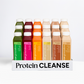 Protein Cleanse: A tray with 15 clear bottles of raw generation cold-pressed juices and nut smoothies, featuring six flavors designed for fitness goals and detox.