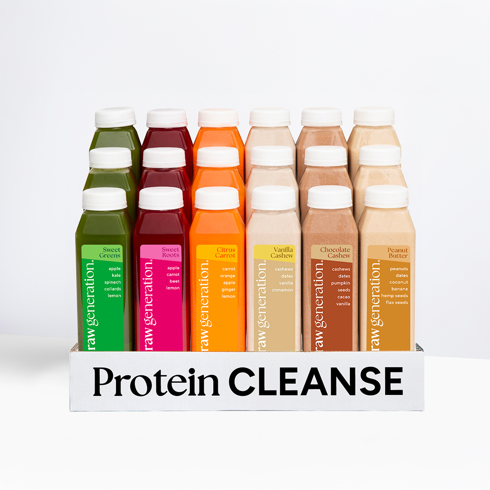 Protein Cleanse: A tray with 15 clear bottles of raw generation cold-pressed juices and nut smoothies, featuring six flavors designed for fitness goals and detox.