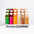 Protein Cleanse: A tray with 15 clear bottles of raw generation cold-pressed juices and nut smoothies, featuring six flavors designed for fitness goals and detox.