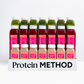 Protein Method™ display with green juices, Strong & Lean red juices, and Protein Boost shakes in a branded tray, designed for fitness and weight loss.