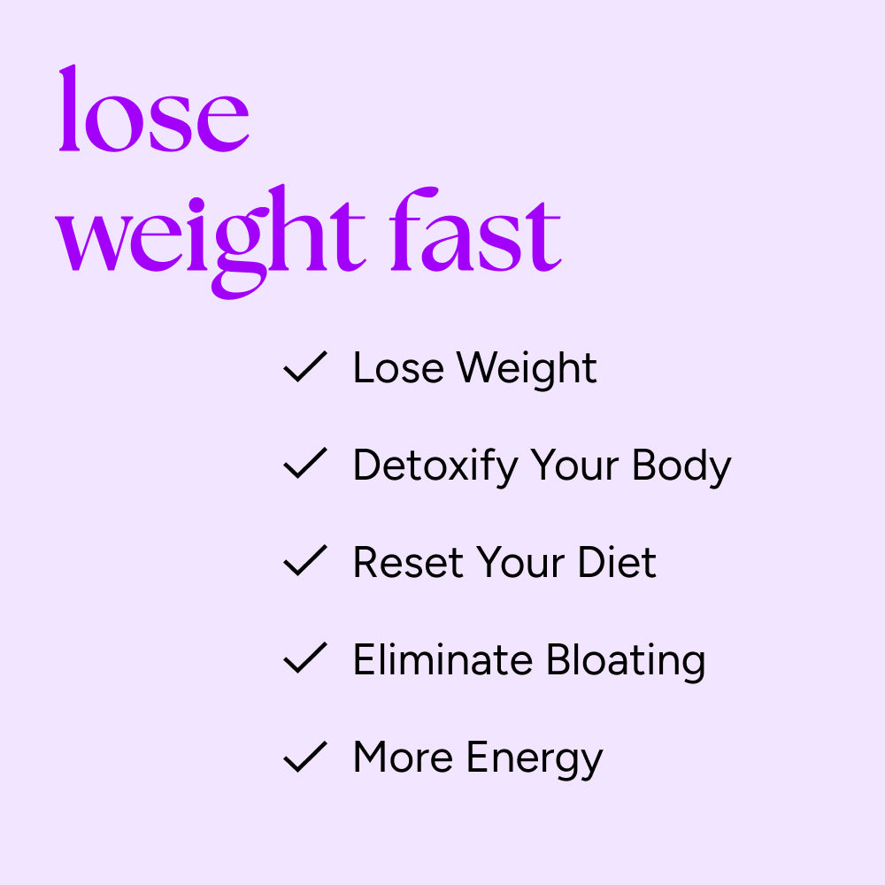 Skinny Cleanse® promotes fast weight loss and detoxification, featuring benefits like diet reset and energy boost, listed beside lose weight fast headline.