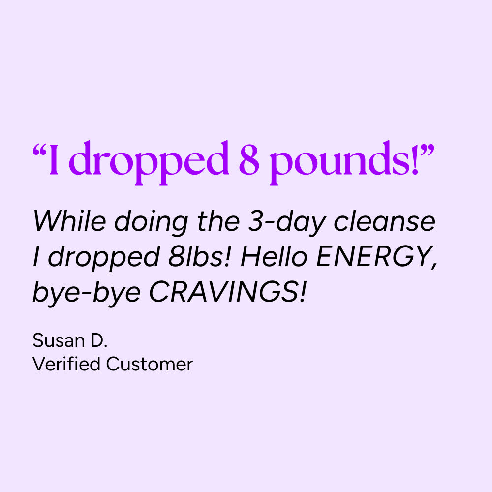 Testimonial graphic: “I dropped 8 pounds!” Susan D., Verified Customer, highlights the Skinny Cleanse® for fast weight loss, detoxification, diet reset, and eliminating bloating.
