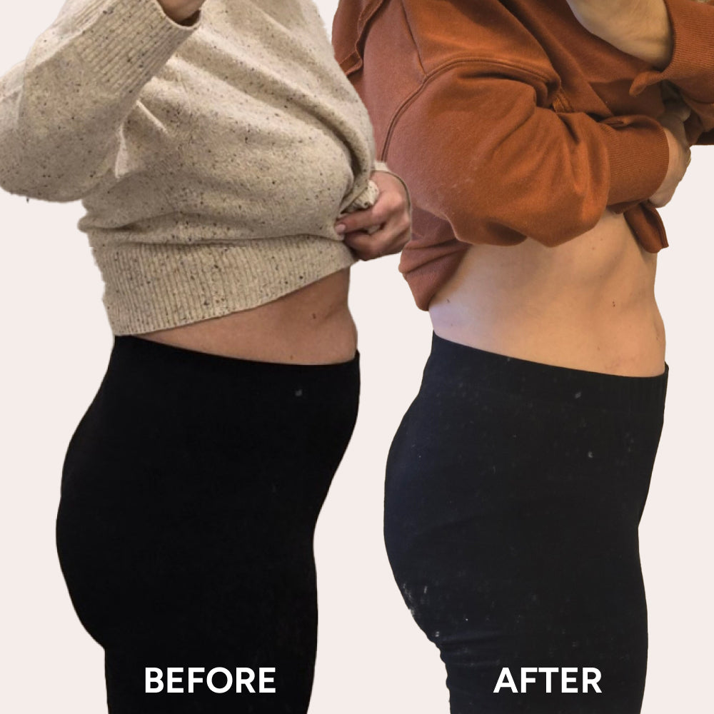 Comparison of a person's midsection before and after using Skinny Cleanse®, highlighting a flatter stomach on the right, showcasing effective detox and weight loss results.