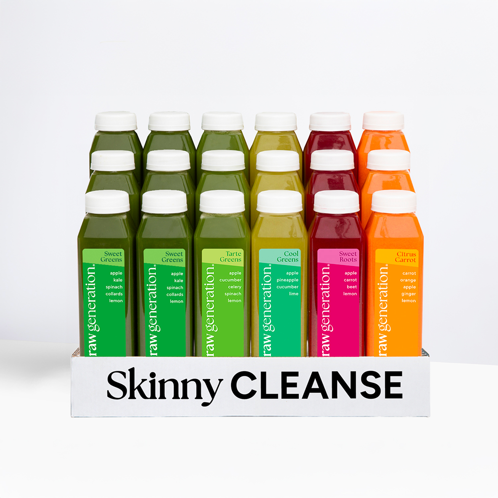 Skinny Cleanse® juice kit with 18 bottles of nutrient-rich blends, including Sweet Greens and Citrus Carrot, designed for detox and weight loss.