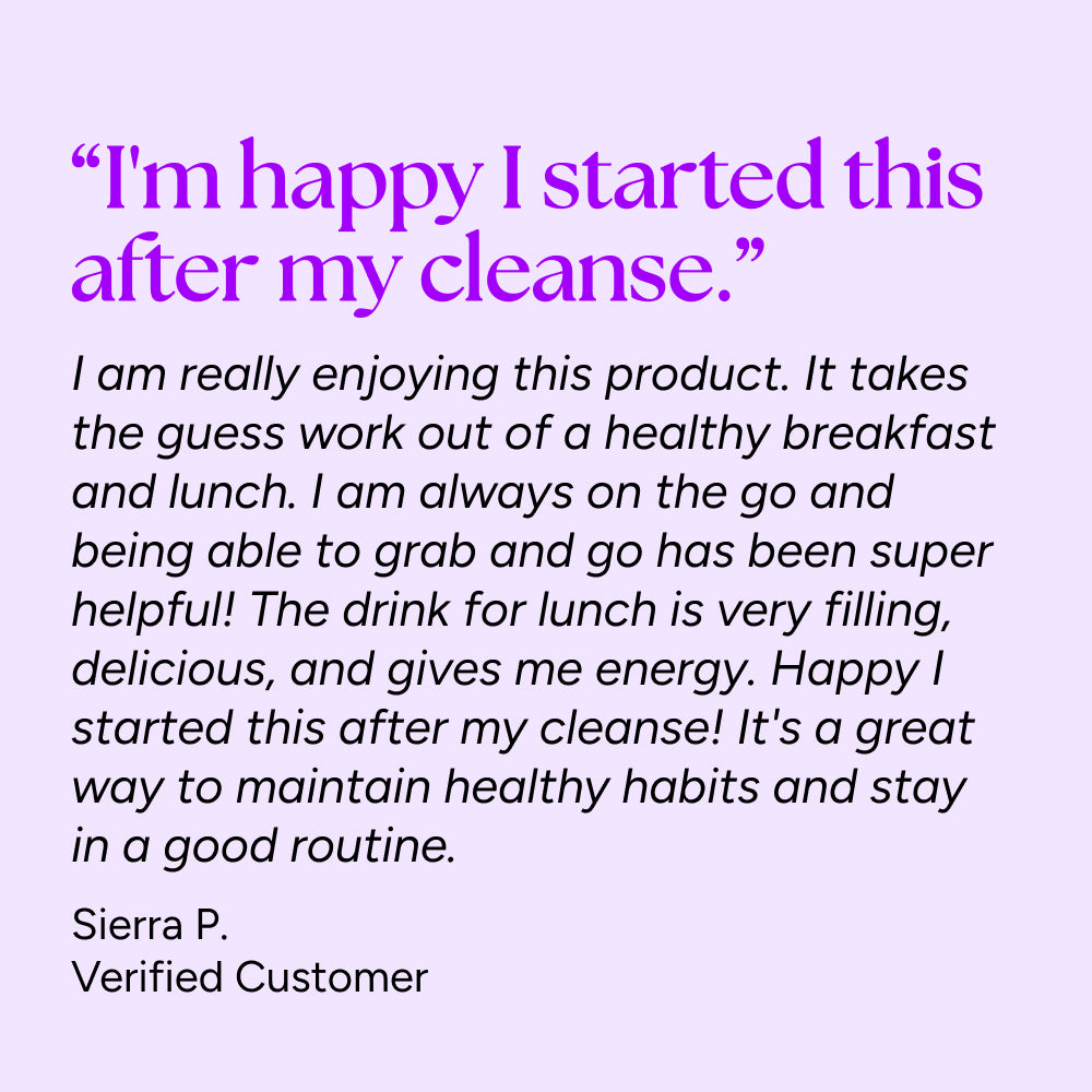 Customer testimonial graphic for Skinny Method™ program, highlighting its ease, energy boost, and maintenance of healthy habits post-cleanse. Signed by Sierra P., a satisfied, verified customer.