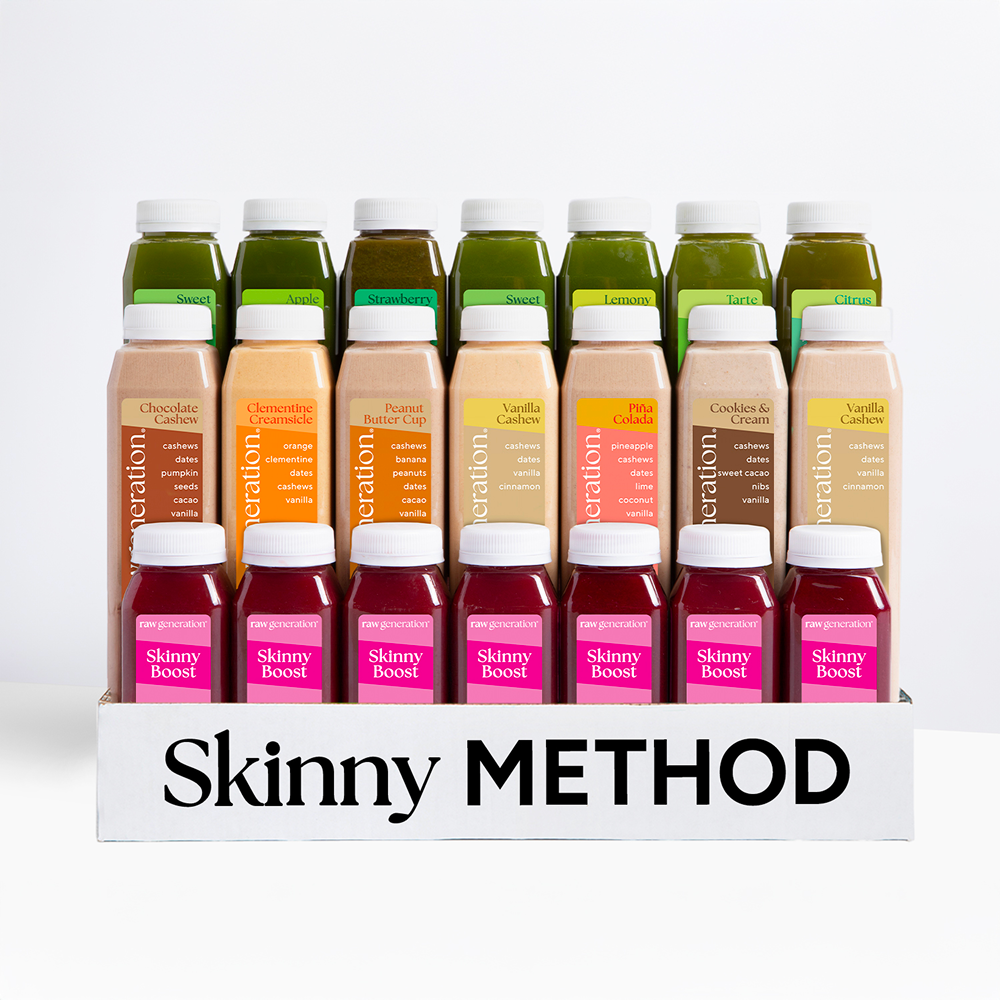 Skinny Method™ display with green juices, creamy nut blends, and Skinny Boost™ shots, designed for weight loss, craving control, and digestion improvement.