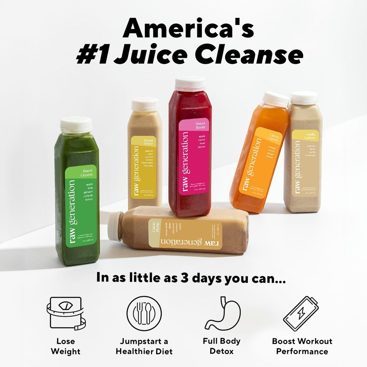 Protein Cleanse bottles featuring labels, each offering 38g of plant-based protein and fiber, promoting weight loss and healthier eating habits.