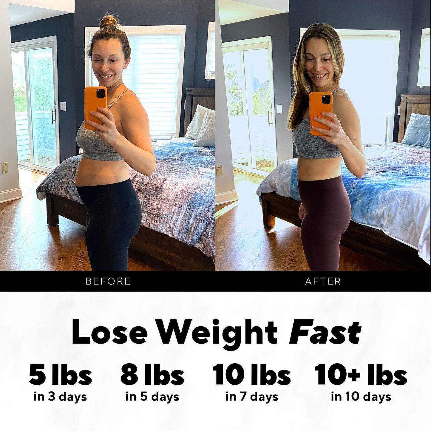Woman taking a selfie holding a bottle of Protein Cleanse, showcasing its health benefits and high protein content, perfect for supporting weight loss and healthier habits.