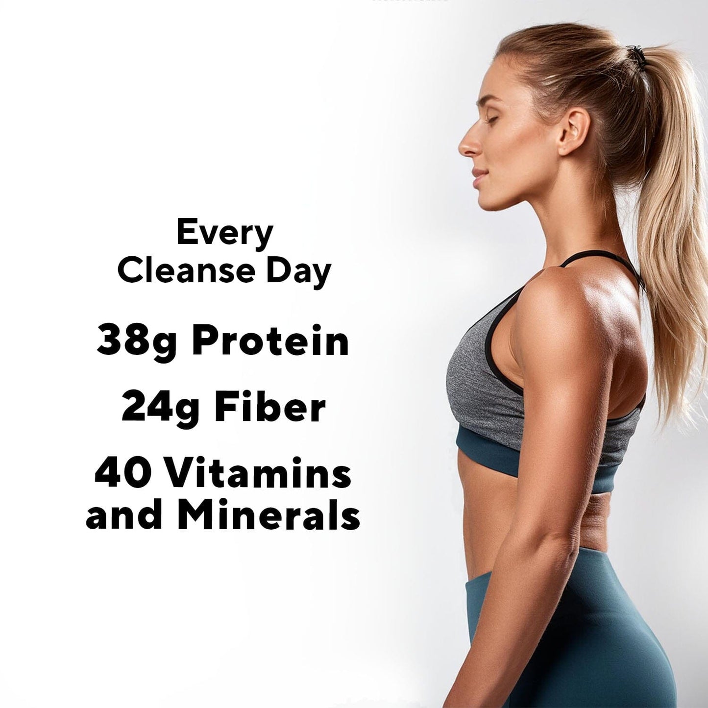 Woman in sportswear highlights Protein Cleanse benefits, offering 38g plant-based protein for weight loss. Unpasteurized, non-GMO, and free from artificial sweeteners.