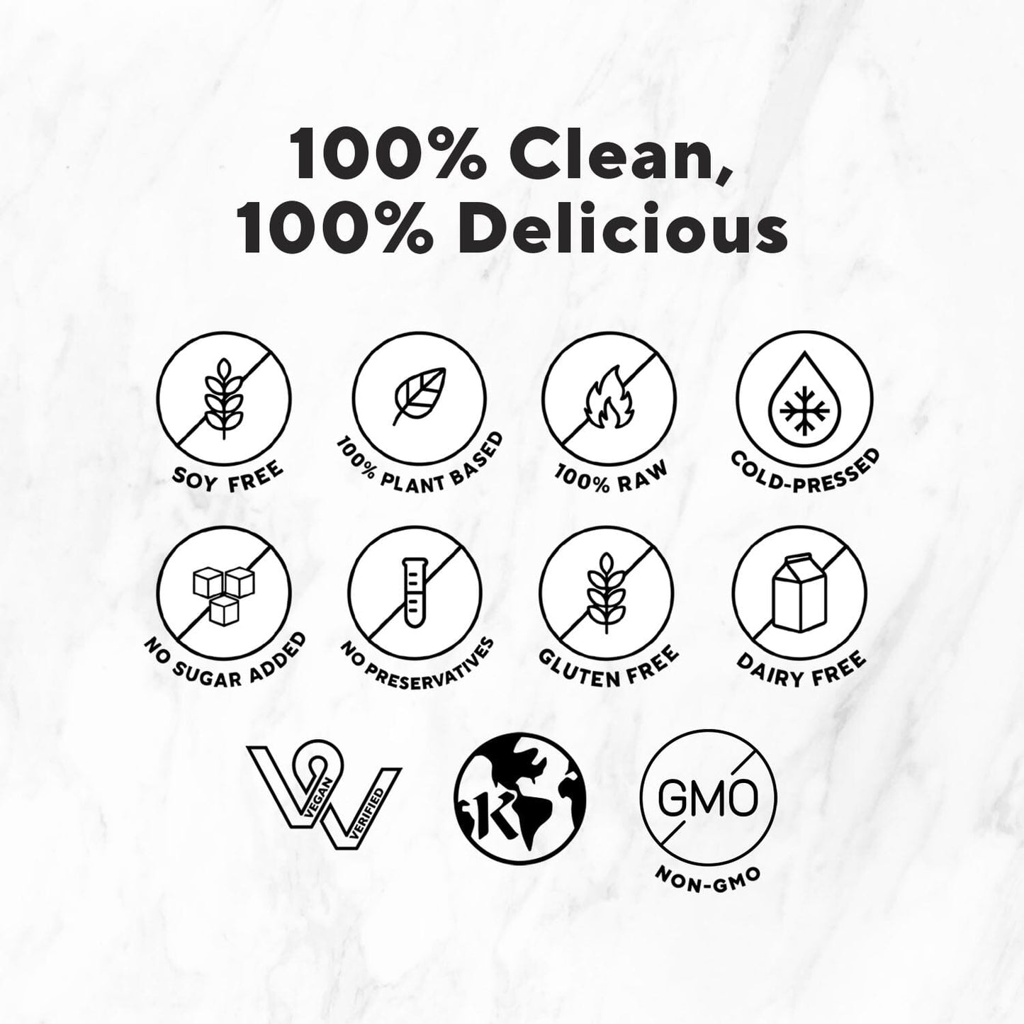 Protein Cleanse bottle with icons indicating it's gluten-free, soy-free, dairy-free, and non-GMO, emphasizing its clean, natural protein content for health benefits.