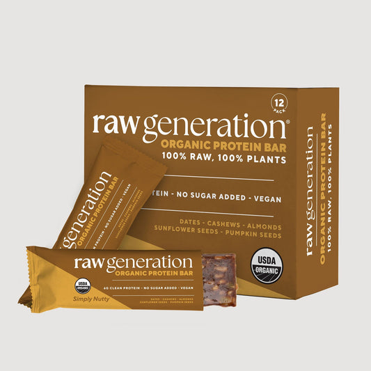 Organic Protein Bar shown in a brown package, ideal for vegan diets with 6g protein, 5g fiber. Plant-based, non-GMO, gluten-free, and organic.