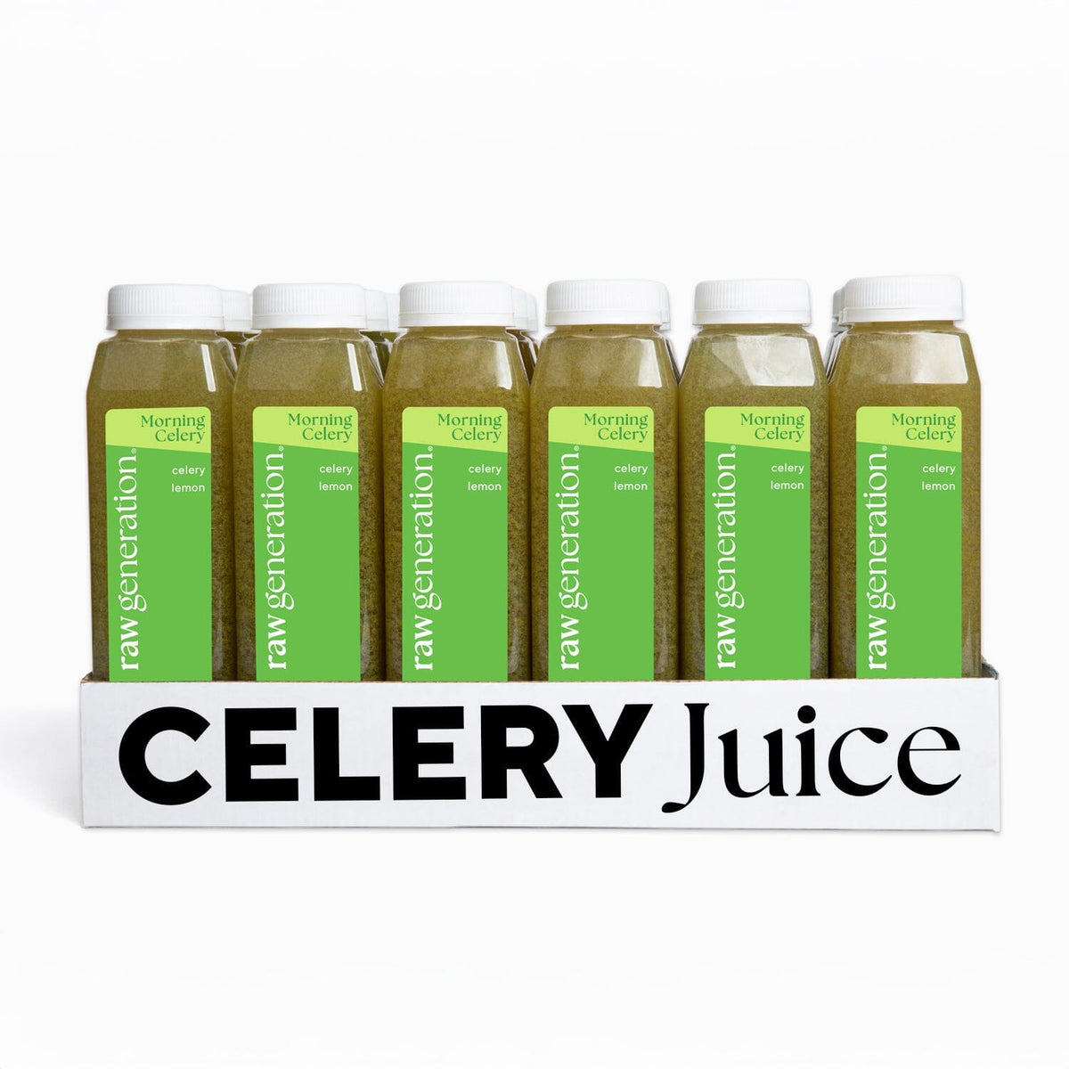 Celery Solution: Tray with eight bottles of raw generation Morning Celery juice, featuring celery and lemon for gut health and detoxification benefits.