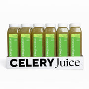 Celery Solution: Tray with eight bottles of raw generation Morning Celery juice, featuring celery and lemon for gut health and detoxification benefits.