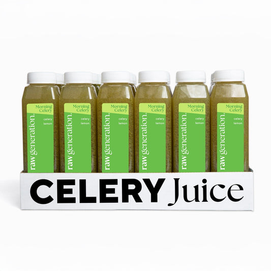 Celery Juice Pack featuring 18 bottles, showcasing nature's nutritional powerhouse for gut health and detox, ideal for a revitalizing morning routine.