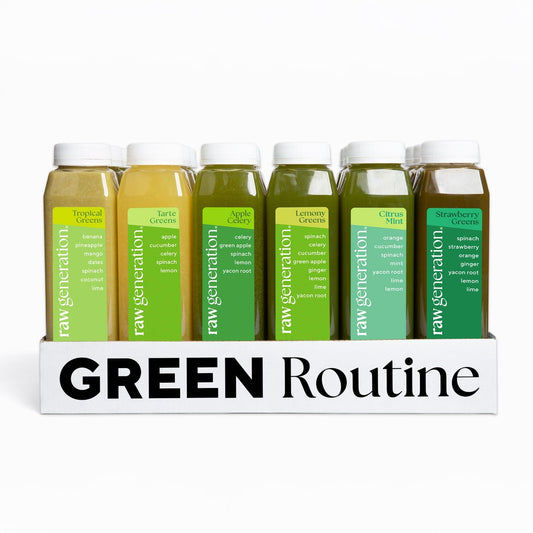 Green Routine® juice bottles, promoting gut health and energy, with flavors Vanilla Greens and Protein Greens possibly included, designed for easy, tasty daily nutrition.