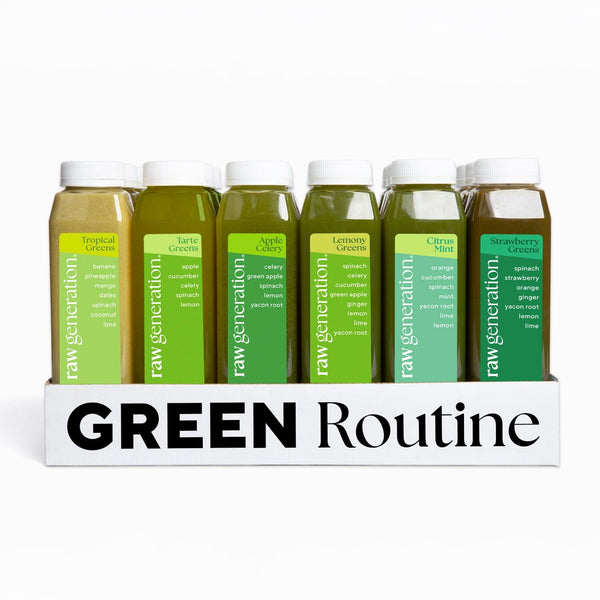 Close-up of a Green Routine® bottle, highlighting its role in promoting gut health, energy, and clearer skin through a daily green juice habit.