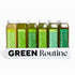 Close-up of a Green Routine® bottle, highlighting its role in promoting gut health, energy, and clearer skin through a daily green juice habit.