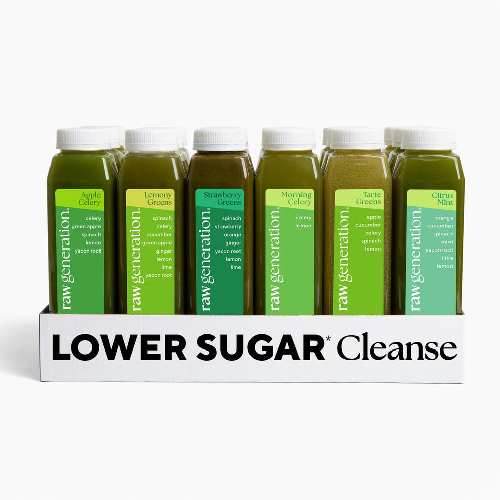 Lower Sugar* Cleanse juice bottles featuring chlorophyll-rich, cold-pressed beverages for detoxification and weight loss, shown with updated flavor assortment options.