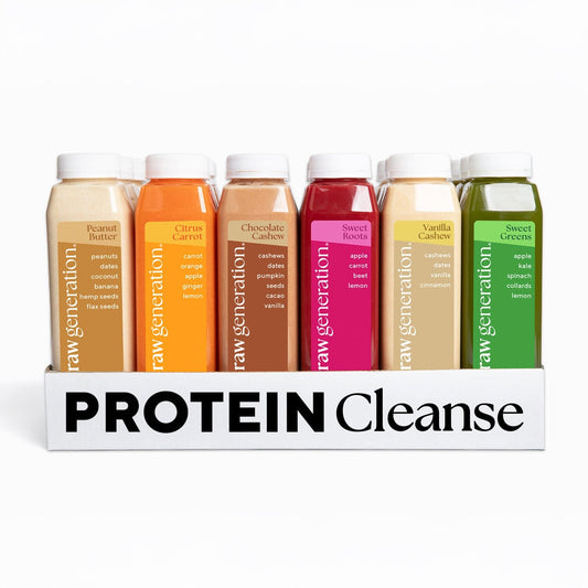 Protein Cleanse kit with 3 cold-pressed juices and 3 plant-based smoothies, offering 38 grams of protein daily for effective workout support and weight management.