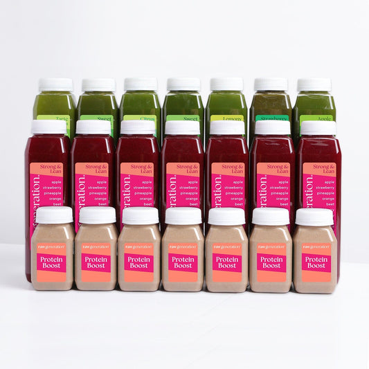 Protein Method™ kit with nutritionist-developed eating plan, green juices, pre-workout drinks for women, and Protein Boost™ shots. Bottles' labels may vary.