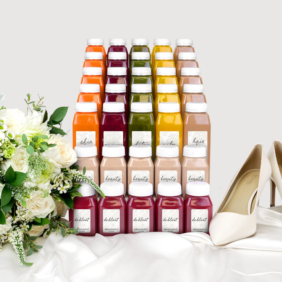 Bridal Reset: A collection of red juice bottles and a white flower bouquet, designed for bridal beauty and wellness, addressing common bridal concerns.