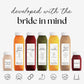 Bridal Reset juice bottles, designed for brides and bridesmaids, feature natural ingredients for slimming, glowing skin, stress relief, and boosted energy.