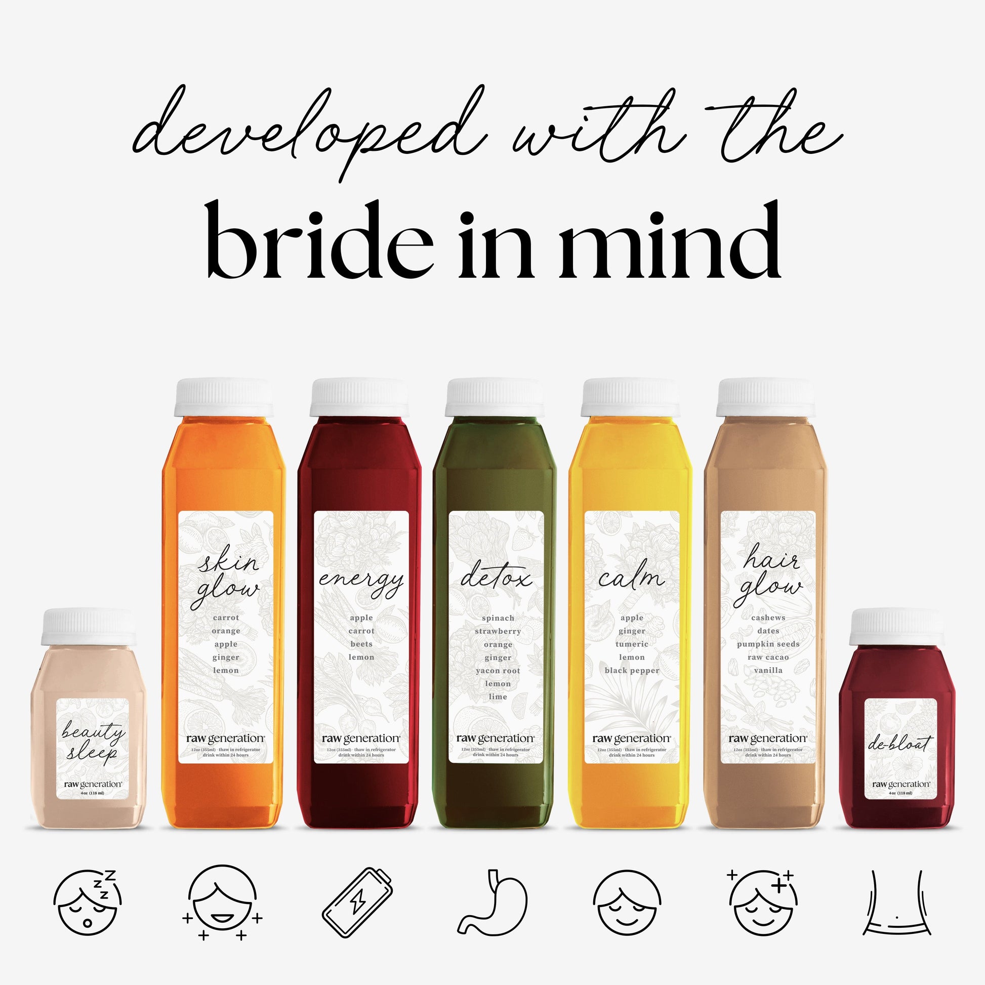 Bridal Reset juice bottles, designed for brides and bridesmaids, feature natural ingredients for slimming, glowing skin, stress relief, and boosted energy.