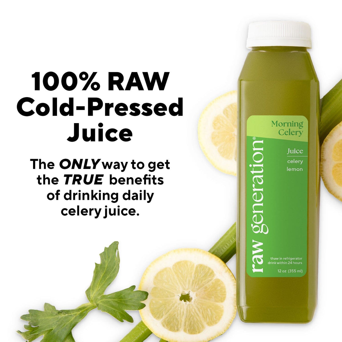 Celery Juice pack featuring a bottle of cold-pressed celery juice alongside fresh lemons and celery, highlighting gut health support and daily detox benefits.