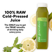 Celery Juice pack featuring a bottle of cold-pressed celery juice alongside fresh lemons and celery, highlighting gut health support and daily detox benefits.