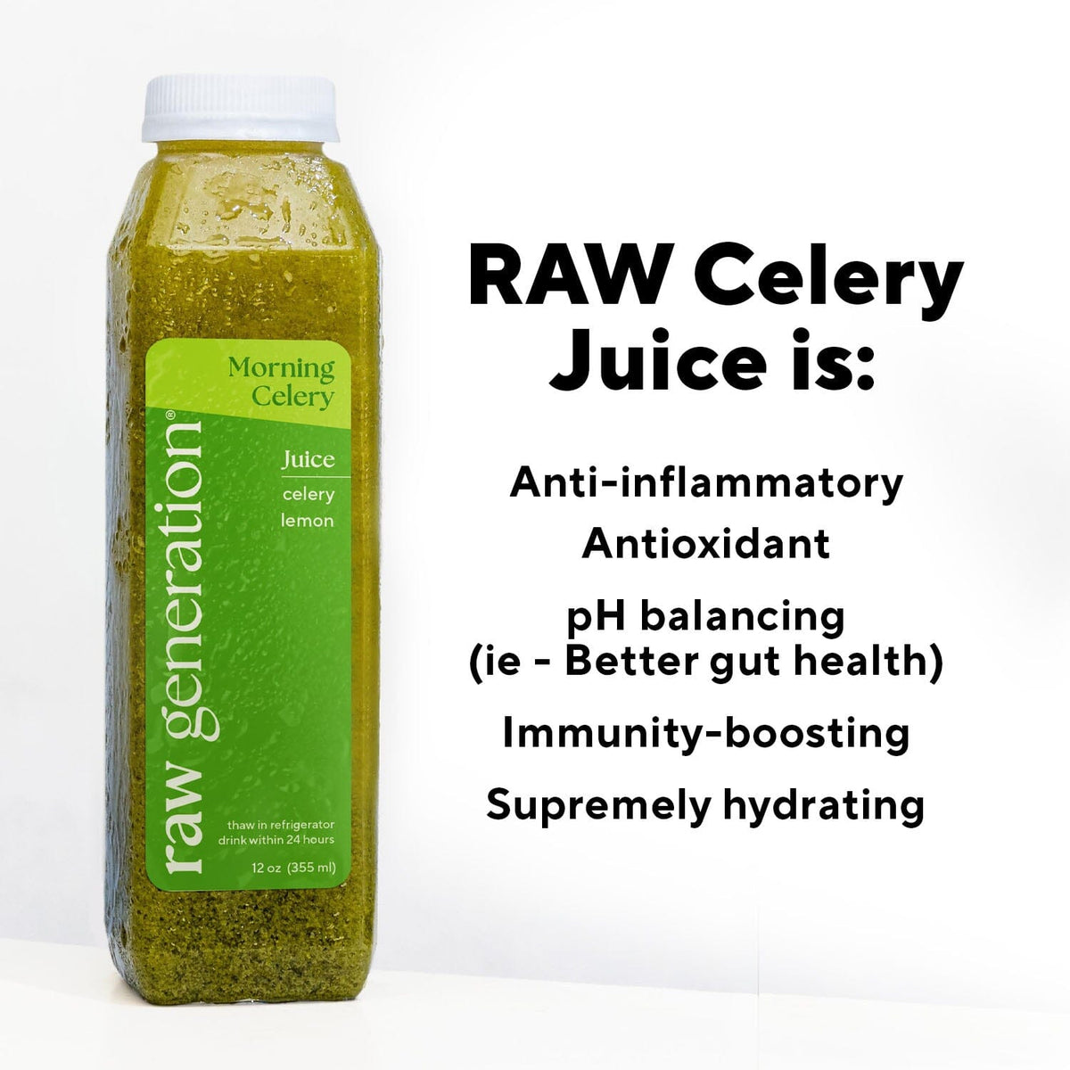 Celery Juice pack by Raw Generation featuring a green bottle with a green label, highlighting gut health support and natural energy as part of a daily wellness routine.