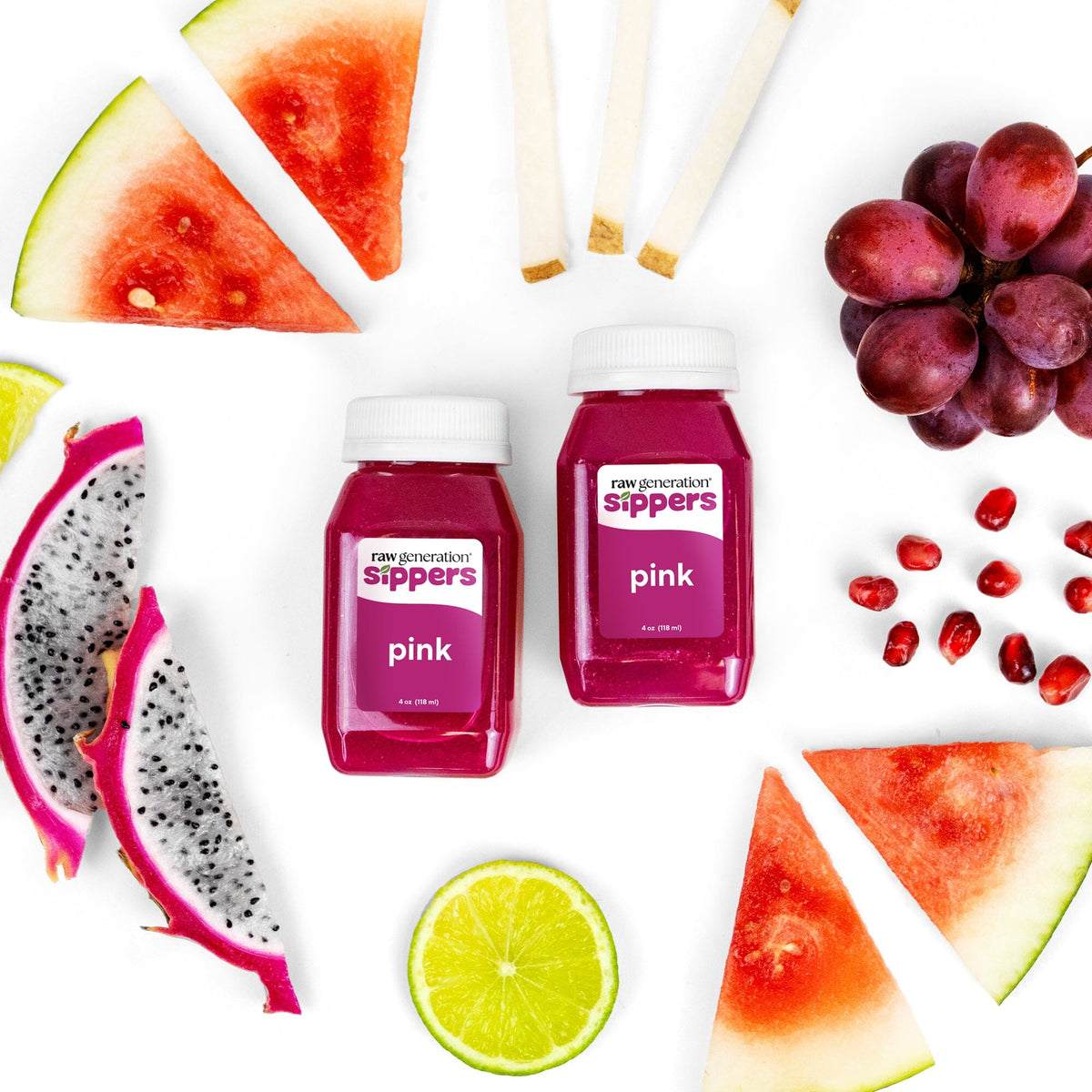 Pink Sippers for Kids (2-Count) by Raw Generation featuring cold-pressed watermelon, pomegranate, and dragonfruit juice bottles, highlighting natural vitamins for a nutritious kids' beverage.